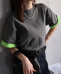 配色 ジャガード 半袖ニット/トップス/Tシャツ