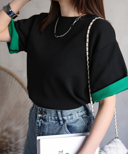 sakishimatokyo（サキシマトーキョー）の「配色 ジャガード 半袖ニット/トップス/Tシャツ（Tシャツ/カットソー・レディース・ブラウン/グレー/ブラック・FREE）」の2枚目の写真