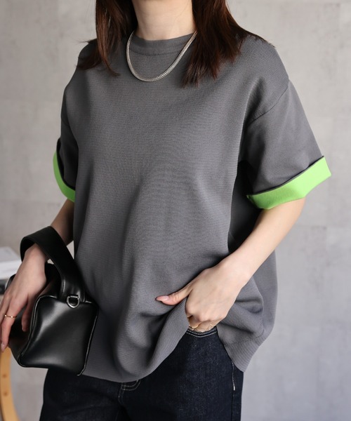 sakishimatokyo（サキシマトーキョー）の「配色 ジャガード 半袖ニット/トップス/Tシャツ（Tシャツ/カットソー・レディース・ブラウン/グレー/ブラック・FREE）」の6枚目の写真