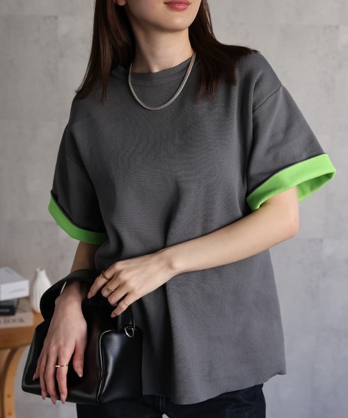 sakishimatokyo（サキシマトーキョー）の「配色 ジャガード 半袖ニット/トップス/Tシャツ（Tシャツ/カットソー・レディース・ブラウン/グレー/ブラック・FREE）」の4枚目の写真