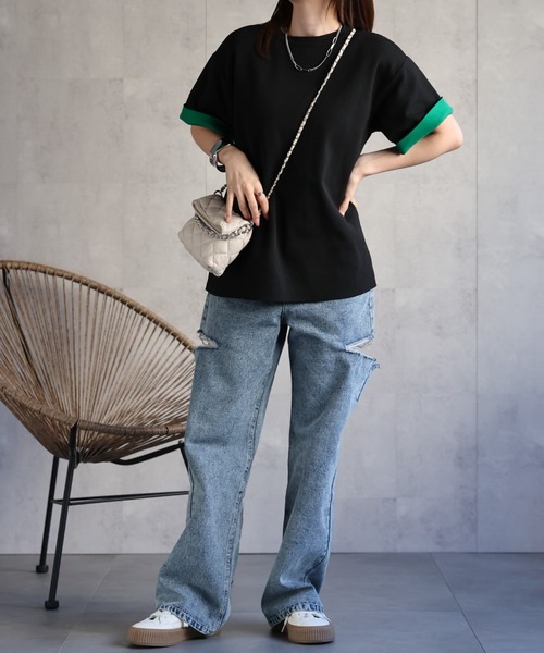 sakishimatokyo（サキシマトーキョー）の「配色 ジャガード 半袖ニット/トップス/Tシャツ（Tシャツ/カットソー・レディース・ブラウン/グレー/ブラック・FREE）」の11枚目の写真
