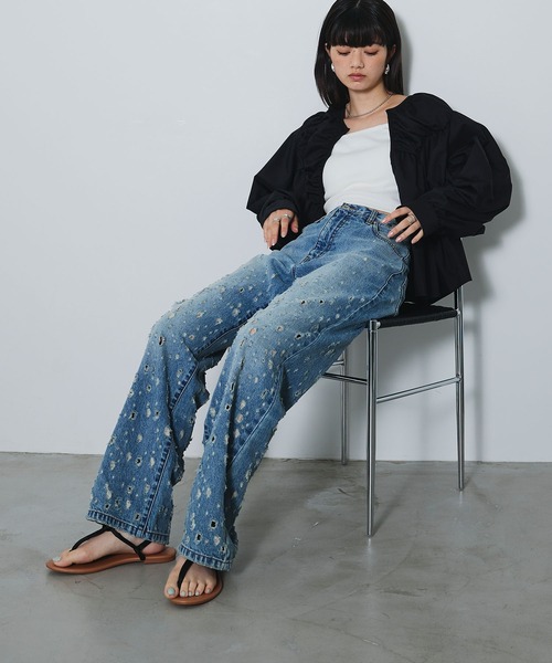 ELLEgirl(エルガール)の「ダメージクラッシュデニムパンツ【ELLEgirl/エルガール】(デニムパンツ・レディース・インディゴブルー/ピンク・S/M/L)」の14枚目の写真