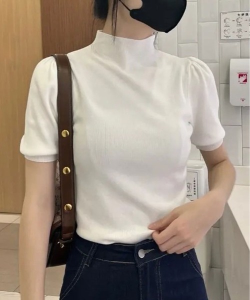 kirakiraShop（キラキラショップ）の「パフスリーブ プチハイネック ニット トップス（ニット/セーター・レディース・ホワイト/レッド/クリーム/ブラック/ブルーグリーン・FREE）」の2枚目の写真
