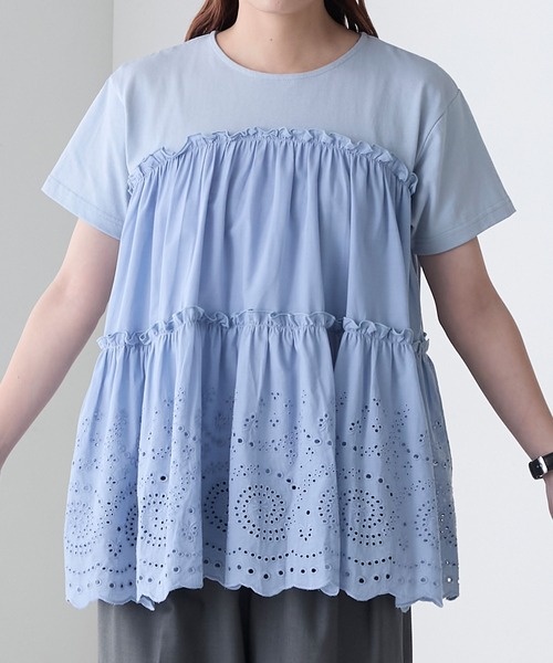 美品 MUVEIL ティアードコットンレースドッキングTシャツ カットソー36 ティアードコットンレースドッキングTEE（Tシャツ/カットソー
