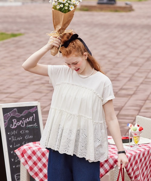 美品 MUVEIL ティアードコットンレースドッキングTシャツ カットソー36 美品 MUVEIL ティアードコットンレースドッキングTシャツ