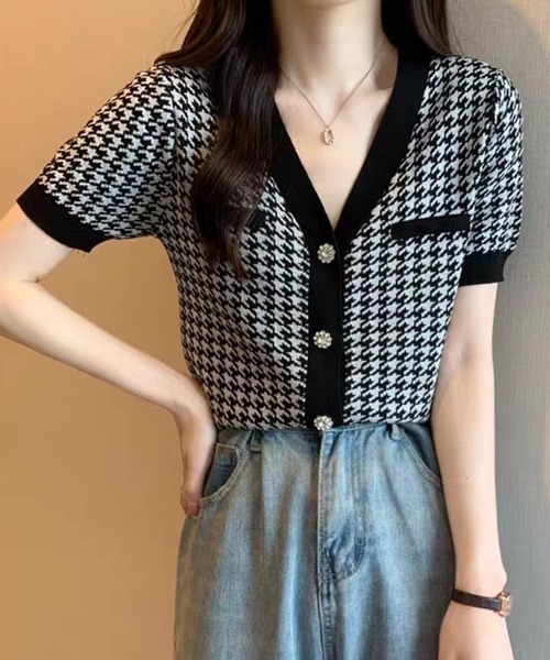 HIGH STREET∴ABSかすれ千鳥JQ半袖Vネックカットソー HIGH STREET（ハイストリート） HIGH STREET∴ABSかすれ千鳥JQ