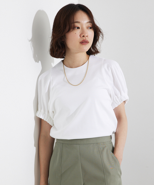tシャツ 袖ギャザーカットTOP/スリーブ半袖/夏服/オフィスカジュアル レディース セール】袖ギャザーカットTOP/スリーブ半袖/夏服/オフィス