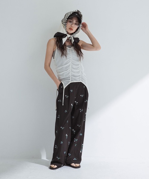 カジュアル ストレート パンツ 2色 ダブルタック 韓国 夏 nr9502 タフタ刺繍タックストレートパンツ(その他パンツ)|bohmal