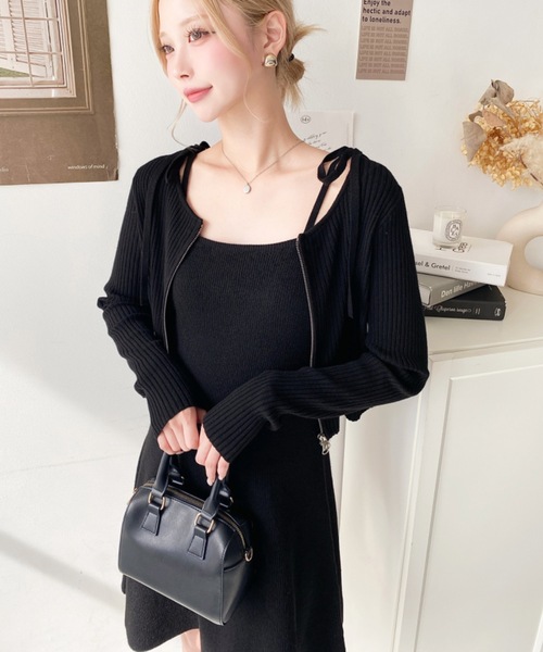 セットアップワンピース>ジップアップカーディガン&リボンキャミ