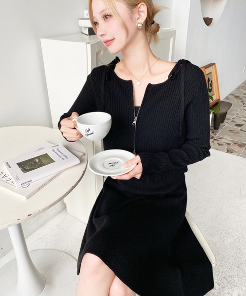 セットアップワンピース>ジップアップカーディガン&リボンキャミ