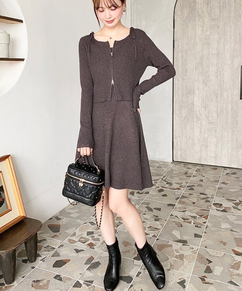 セットアップワンピース>ジップアップカーディガン&リボンキャミ