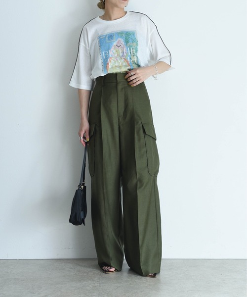 【Eimee Law】アシメフリルTシャツ Mサイズ オリーブ グリーン 緑 アートプリント 配色メロウシアーTシャツ（Tシャツ/カットソー