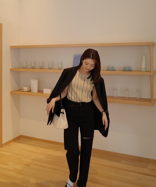 セール】stripe american sleeve knit tank top / ストライプ