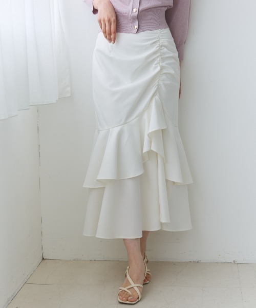 未使用品 ミーアンドミークチュール ME&ME COUTURE セットアップ 上下 フリルブラウス 長袖 マーメイドスカート ロング F 1 ベージュ 紺 ネ other - ミーアンドミークチュール セットアップ フリルブラウス