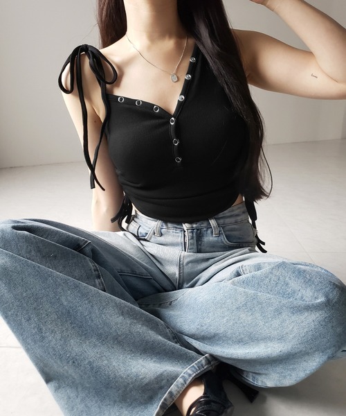 2color 】ショルダーリボンシャーリングキャミタンクトップ