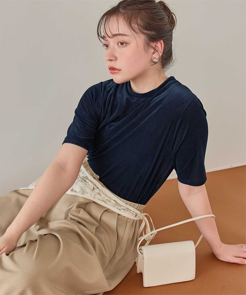 titivate(ティティベイト)の「シアーベロア半袖Tシャツ(Tシャツ/カットソー・レディース・ネイビー/ベージュ/グリーン/ブラウン/アイボリー/ブラック・L/M/S)」の1枚目の写真