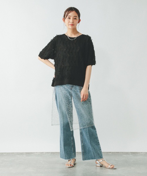 GLOBAL WORK（グローバルワーク）の「シアーフリンジプルオーバー半袖/492458（Tシャツ/カットソー・レディース・オフホワイト/ライトグレー/ブラック・LARGE/MEDIUM）」の8枚目の写真