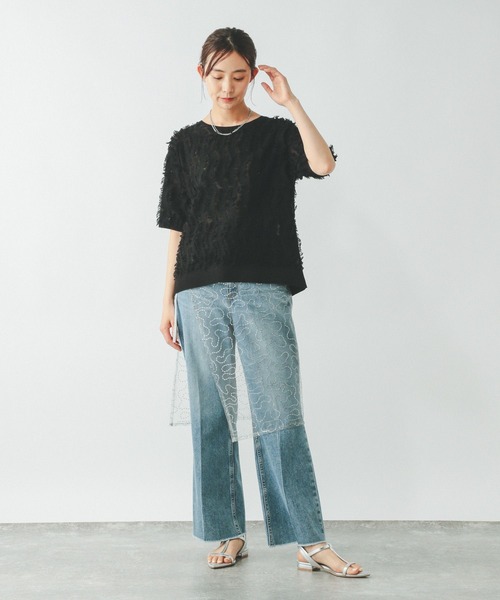 GLOBAL WORK（グローバルワーク）の「シアーフリンジプルオーバー半袖/492458（Tシャツ/カットソー・レディース・オフホワイト/ライトグレー/ブラック・LARGE/MEDIUM）」の9枚目の写真