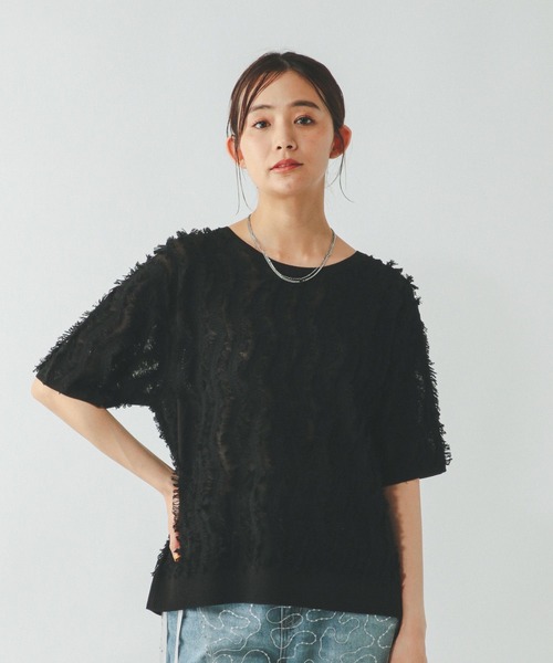 GLOBAL WORK（グローバルワーク）の「シアーフリンジプルオーバー半袖/492458（Tシャツ/カットソー・レディース・オフホワイト/ライトグレー/ブラック・LARGE/MEDIUM）」の10枚目の写真