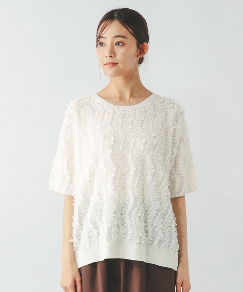 GLOBAL WORK（グローバルワーク）の「シアーフリンジプルオーバー半袖/492458（Tシャツ/カットソー・レディース・オフホワイト/ライトグレー/ブラック・LARGE/MEDIUM）」の16枚目の写真