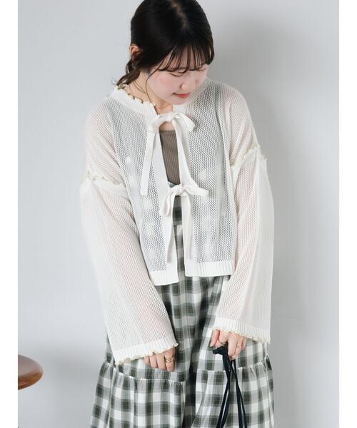 ehka sopo（エヘカソポ）の「メッシュリボンカーディガン（カーディガン/ボレロ・レディース・グリーン/キナリ/オレンジ/サックスブルー・F）」の10枚目の写真