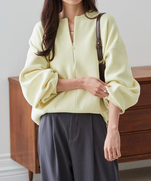 RANAN（ラナン）の「ハーフジップスウェットライクニット（ニット/セーター・レディース・ブラック/オフホワイト/グレー/イエロー・M/L/LL）」の4枚目の写真