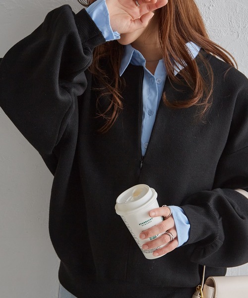 RANAN（ラナン）の「ハーフジップスウェットライクニット（ニット/セーター・レディース・ブラック/オフホワイト/グレー/イエロー・M/L/LL）」の8枚目の写真