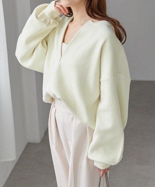 RANAN（ラナン）の「ハーフジップスウェットライクニット（ニット/セーター・レディース・ブラック/オフホワイト/グレー/イエロー・M/L/LL）」の14枚目の写真