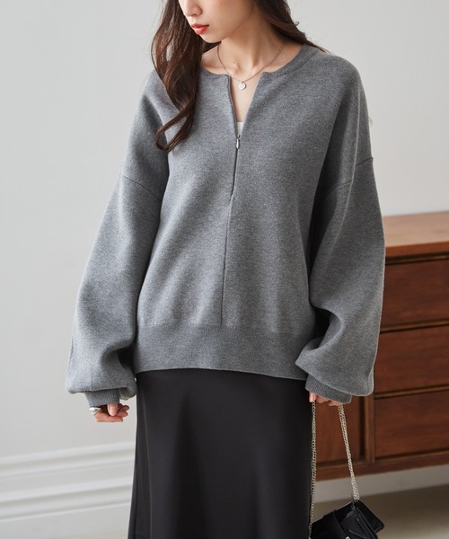 セール】ハーフジップスウェットライクニット（ニット/セーター