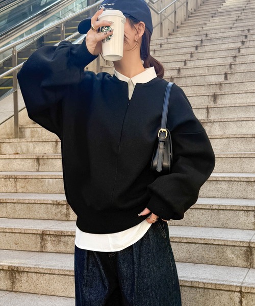 セール】ハーフジップスウェットライクニット（ニット/セーター