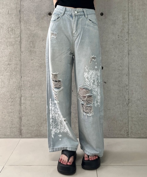 meltthelady ダメージデニムパンツ M タグ付き◾️melt the lady denim チェック ワイド デニム S