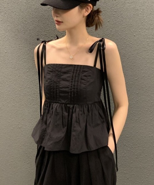 Aelina(エリナ)の「肩リボンベストトップス(シャツ/ブラウス・レディース・ホワイト/ブラック・F)」の3枚目の写真