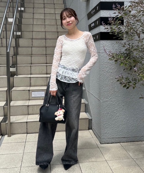 continuer de NICE CLAUP（コンティニューデナイスクラップ）の「チュールレーストップス（Tシャツ/カットソー・レディース・ブラック/オフホワイト・FREE）」の6枚目の写真