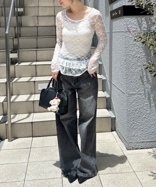 continuer de NICE CLAUP（コンティニューデナイスクラップ）の「チュールレーストップス（Tシャツ/カットソー・レディース・ブラック/オフホワイト・FREE）」の4枚目の写真