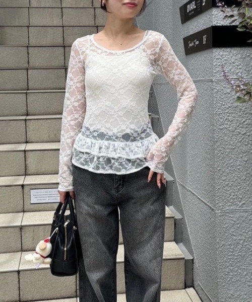 continuer de NICE CLAUP（コンティニューデナイスクラップ）の「チュールレーストップス（Tシャツ/カットソー・レディース・ブラック/オフホワイト・FREE）」の9枚目の写真