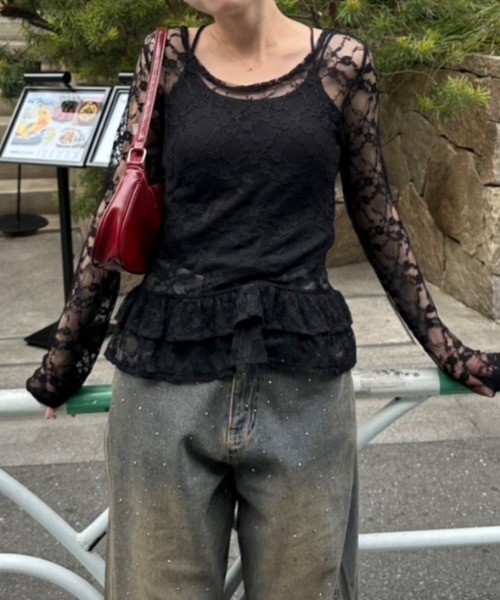 continuer de NICE CLAUP（コンティニューデナイスクラップ）の「チュールレーストップス（Tシャツ/カットソー・レディース・ブラック/オフホワイト・FREE）」の11枚目の写真