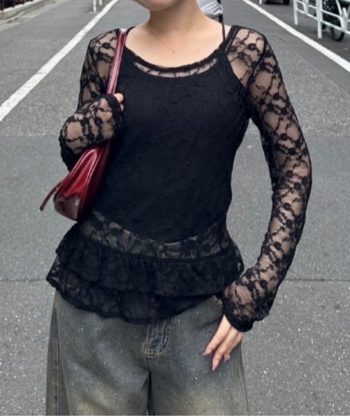 continuer de NICE CLAUP（コンティニューデナイスクラップ）の「チュールレーストップス（Tシャツ/カットソー・レディース・ブラック/オフホワイト・FREE）」の16枚目の写真