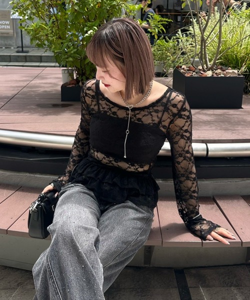 continuer de NICE CLAUP（コンティニューデナイスクラップ）の「チュールレーストップス（Tシャツ/カットソー・レディース・ブラック/オフホワイト・FREE）」の17枚目の写真