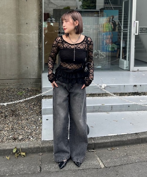 continuer de NICE CLAUP（コンティニューデナイスクラップ）の「チュールレーストップス（Tシャツ/カットソー・レディース・ブラック/オフホワイト・FREE）」の19枚目の写真