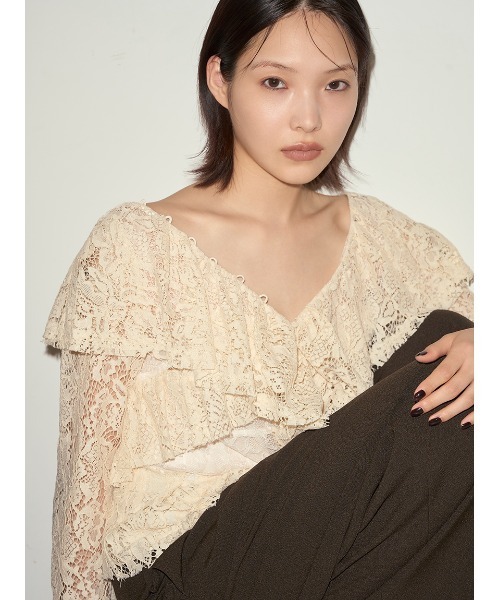 新品 アトリエピエロ ラッフルレースシャツ ロングシャツ ハイネック 新品 アトリエピエロ ラッフルレースシャツ ロングシャツ