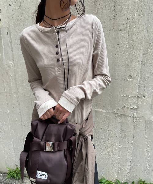 セール】レイヤードライクヘンリーネックリブトップス（Tシャツ