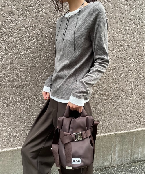 レイヤードライクヘンリーネックリブトップス（Tシャツ/カットソー