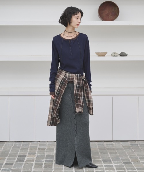 レイヤードライクヘンリーネックリブトップス（Tシャツ/カットソー