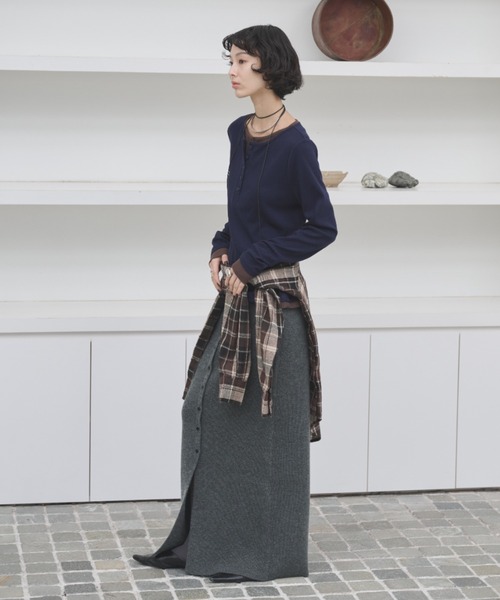 レイヤードライクヘンリーネックリブトップス（Tシャツ/カットソー