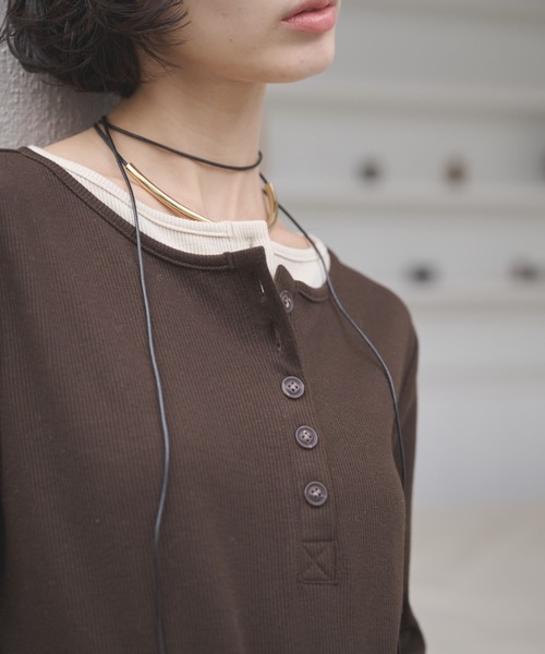 セール】レイヤードライクヘンリーネックリブトップス（Tシャツ