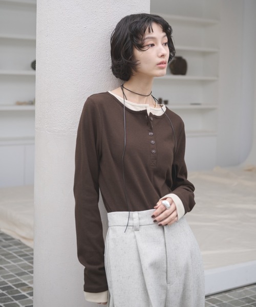 セール】レイヤードライクヘンリーネックリブトップス（Tシャツ