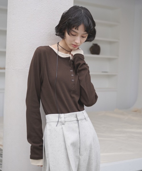 トップス mdk セール】レイヤードライクヘンリーネックリブトップス（Tシャツ