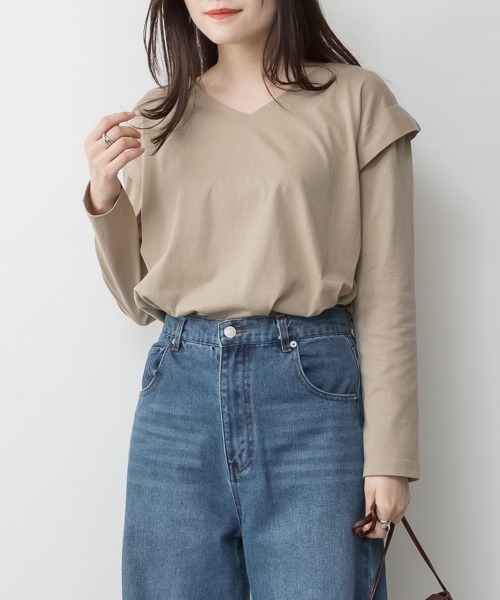 RCD(アールシーディー)の「ショルダータックカットソー(Tシャツ/カットソー・レディース・ブラック/グレイッシュベージュ/カーキ/チャコールグレー/オフホワイト・M-L/LL~3L/4L~5L)」の1枚目の写真