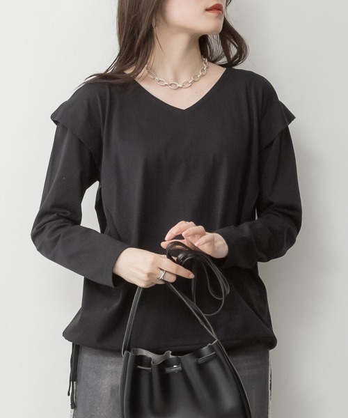 RCD(アールシーディー)の「ショルダータックカットソー(Tシャツ/カットソー・レディース・ブラック/グレイッシュベージュ/カーキ/チャコールグレー/オフホワイト・M-L/LL~3L/4L~5L)」の3枚目の写真