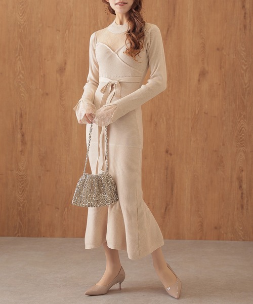 Lace Ladies(レースレディース)の「レース 切替 リボン マーメイド ニット ワンピース(ワンピース・レディース・チャコールグレー/グレイッシュベージュ/ブラック・FREE/S)」の3枚目の写真